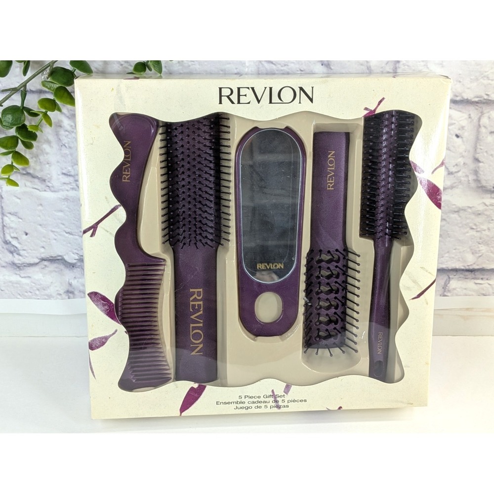 NIB 90s๐Vintage Revlon Stylingโ Set Hair Brushes & Combs Purple Mirror Gift Set